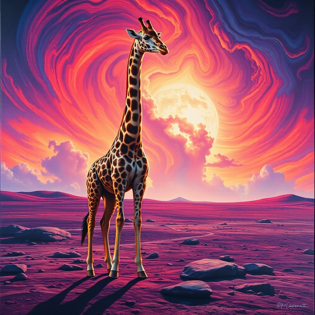 a massive giraffe on the moon mysterious magnificent thunder...