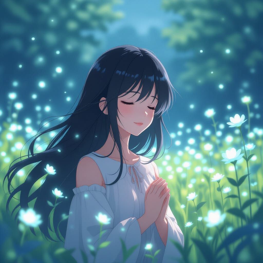 Anime Girl Meditating in Bioluminescent Flower Field
