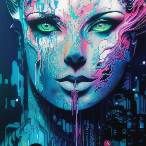 Android Cyborg in Tech Noir Style, Gouache Illustration