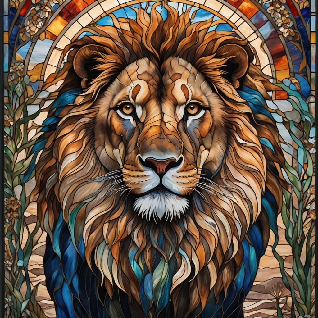 Great Lion in Desert: Hyper-Realistic Stained-Glass Enamel