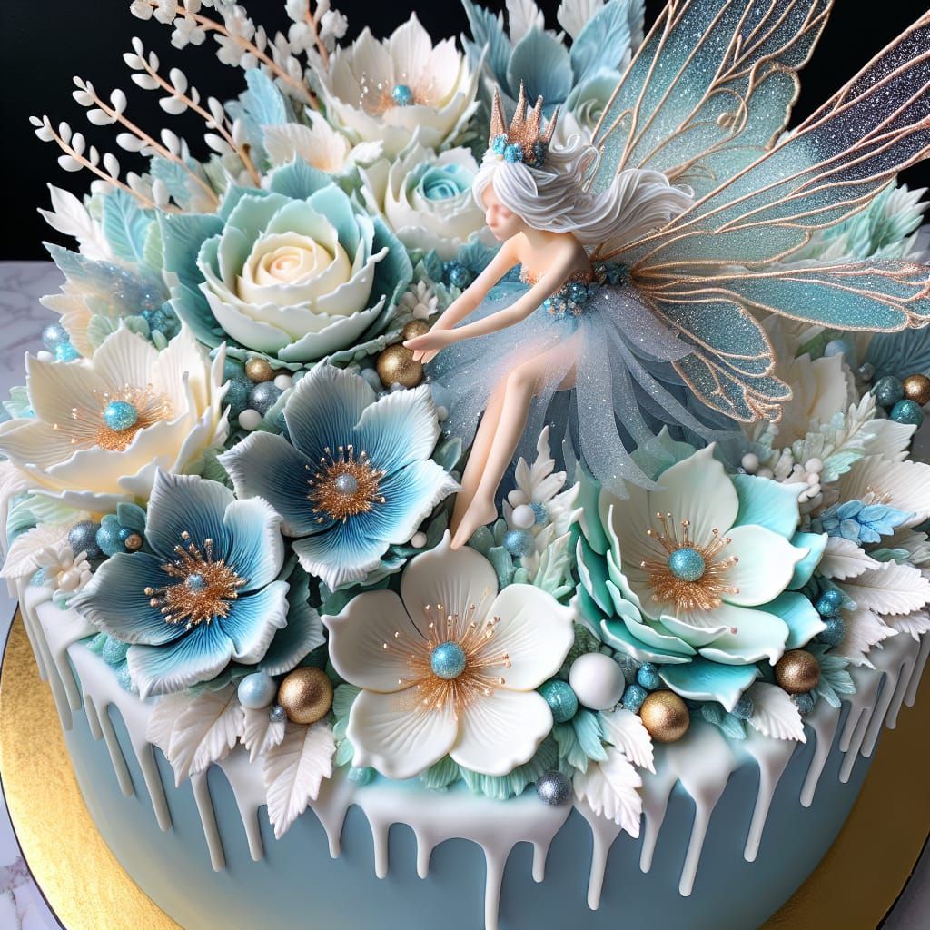 a beautiful fairy and flower cake in ice blue white and gold