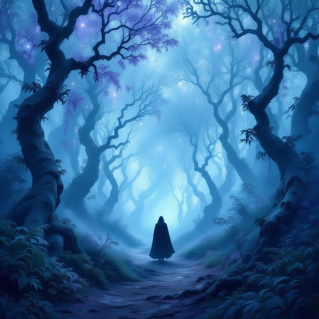 Enchanted Forest Path with Mystical Fog Creatures