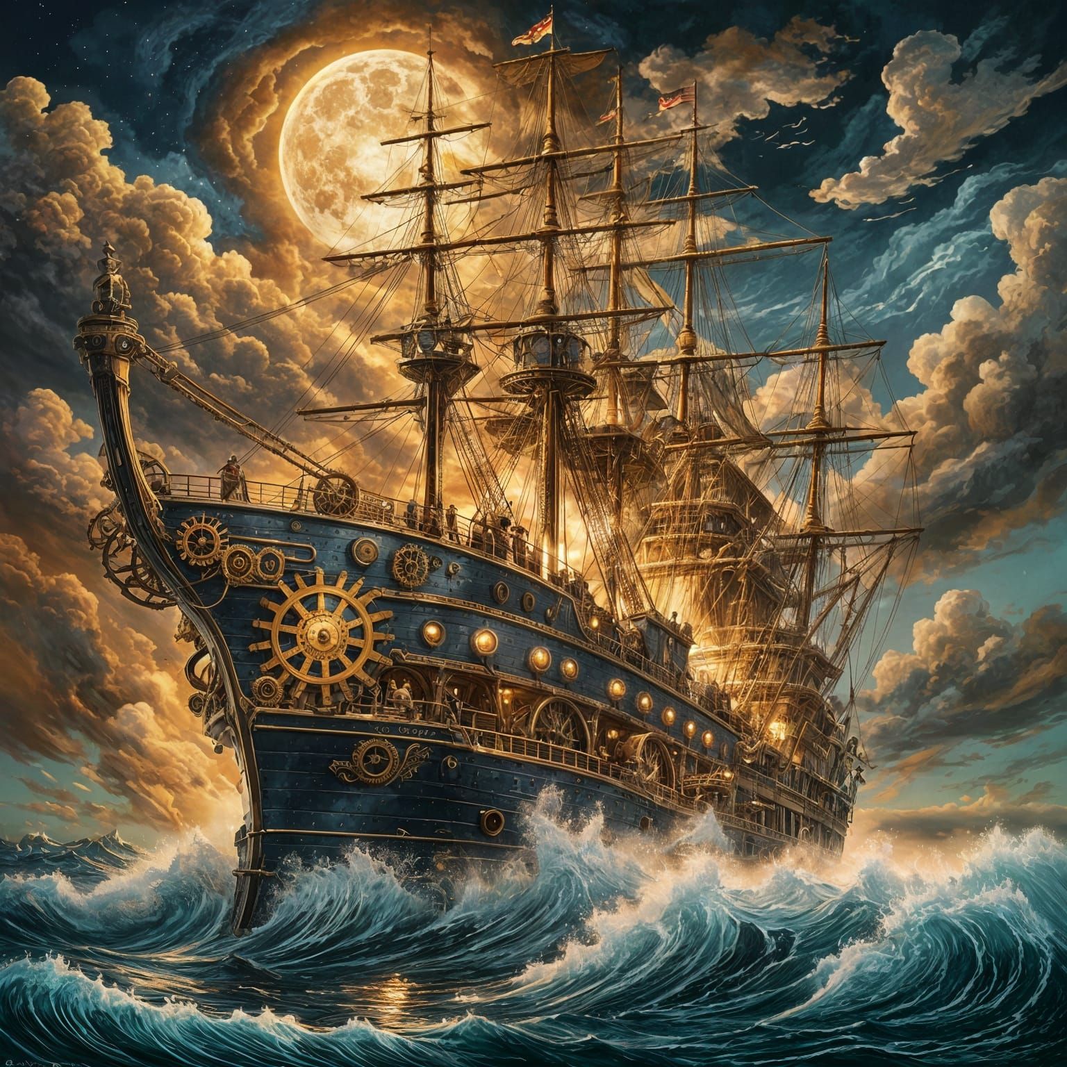 Grand Steampunk Ship Sailing Under Moonlight