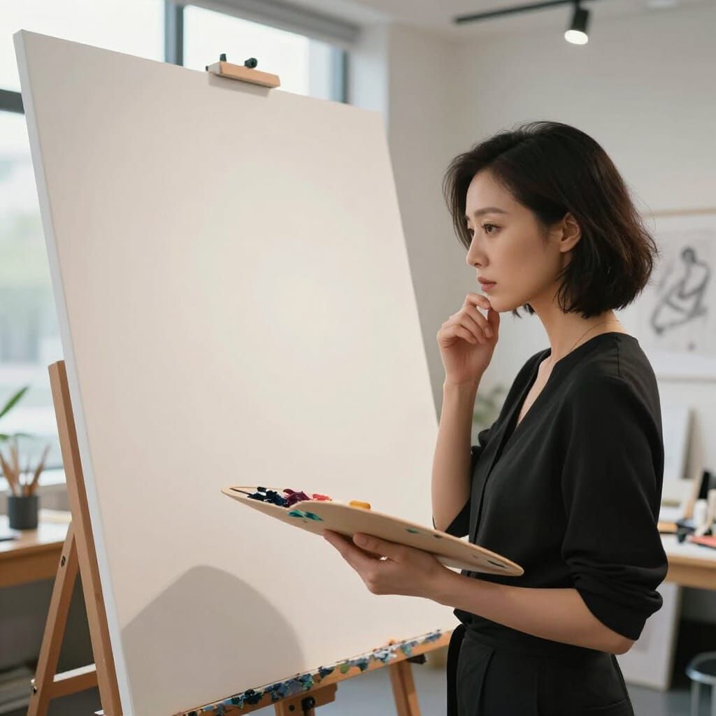 Asian Artist Deep in Thought Before Blank Canvas
