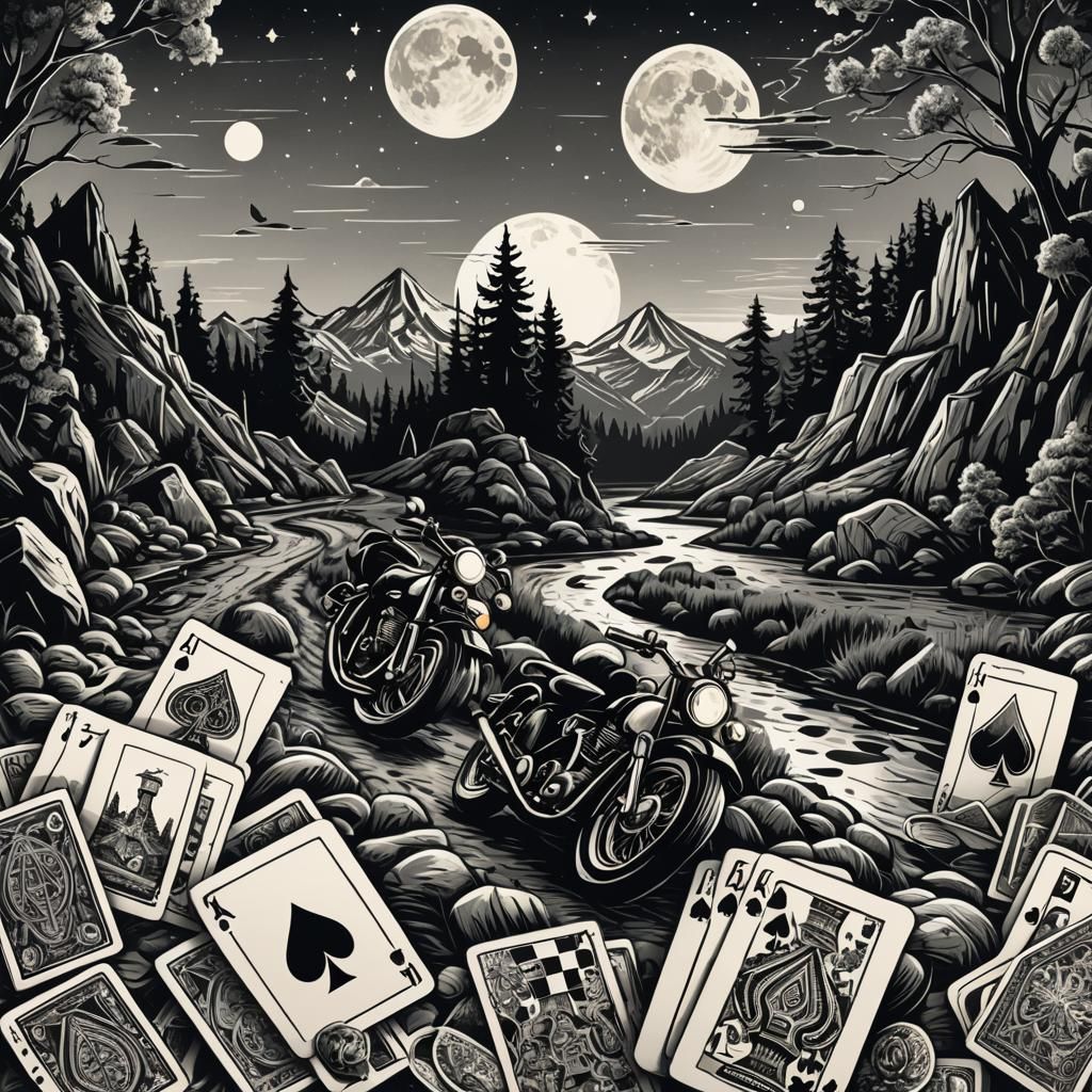 Linocut Poker Cards Under Full Moon