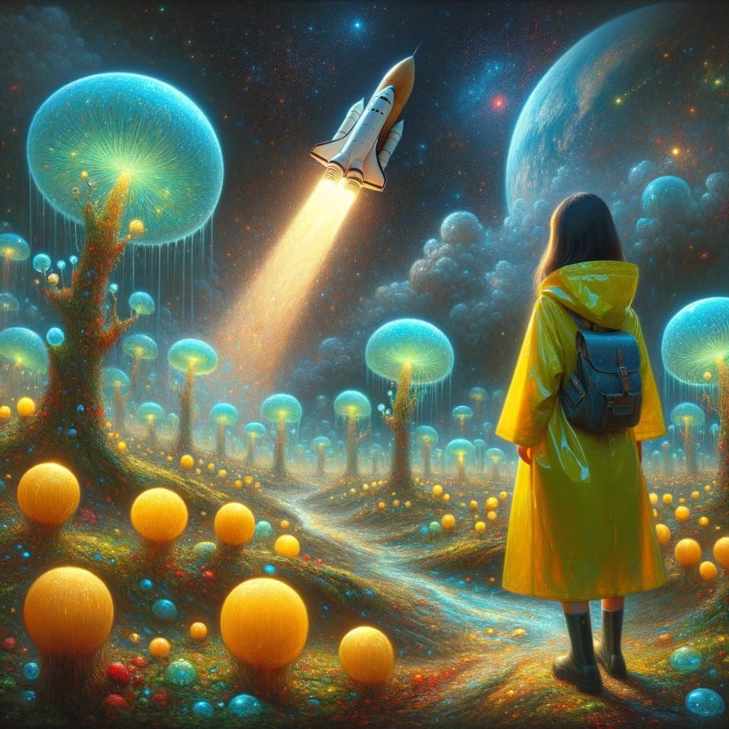 Girl on Alien Planet Watching Rocket Launch: Impressionism