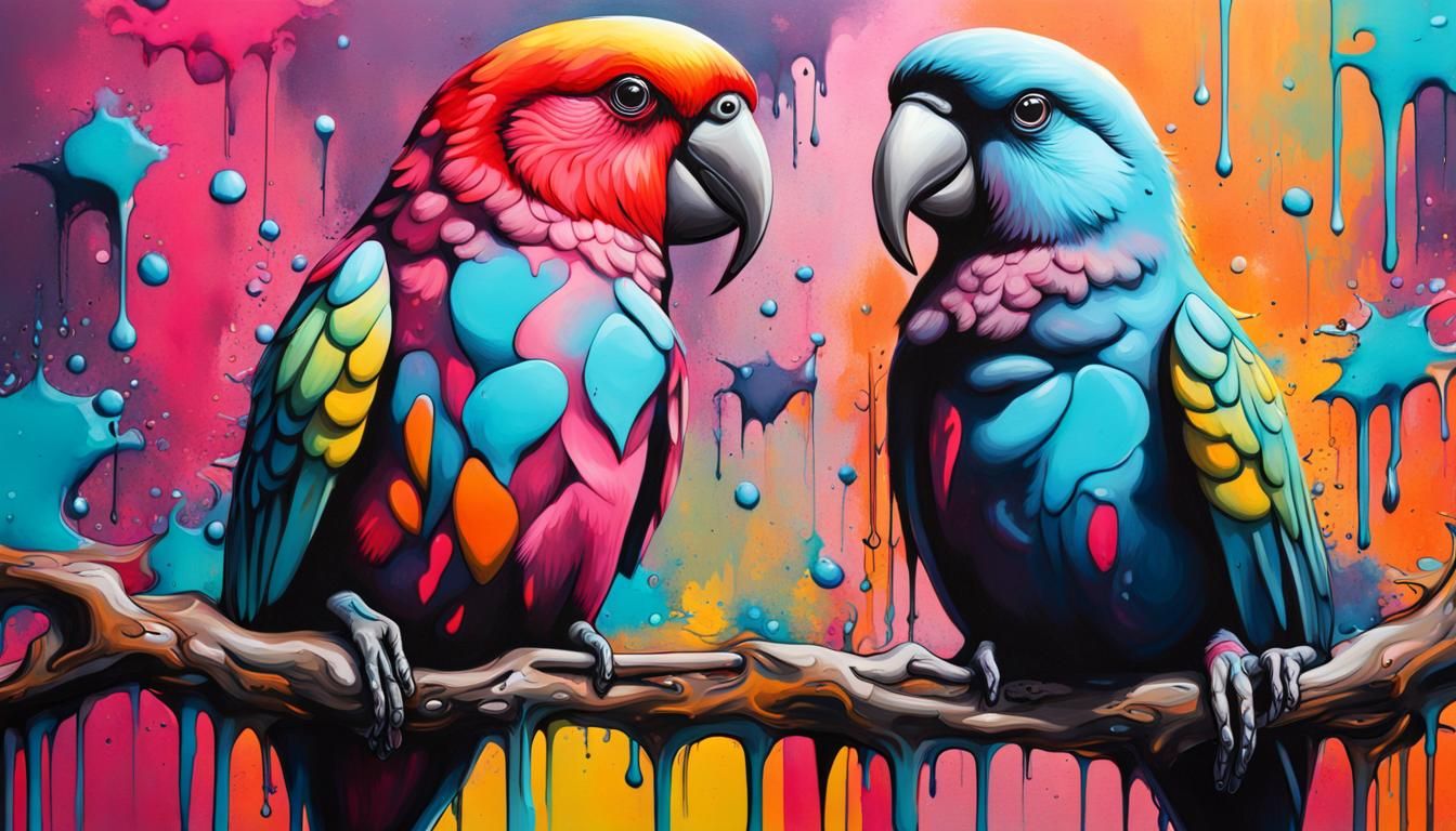 Colorful Graffiti Lovebirds in Street Art Style