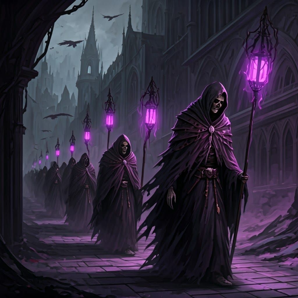 Hollow-Eyed Figures Procession in Umbrithis, a Dark Cyberpun...