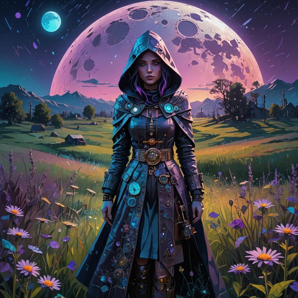 Steampunk Girl in Moonlit Meadow: Naive Art