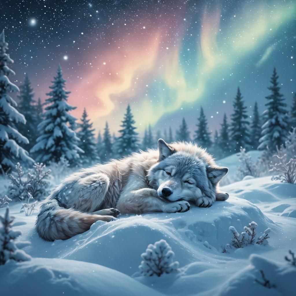 Cute Wolf Cub Sleeping in Snowy Aurora Landscape