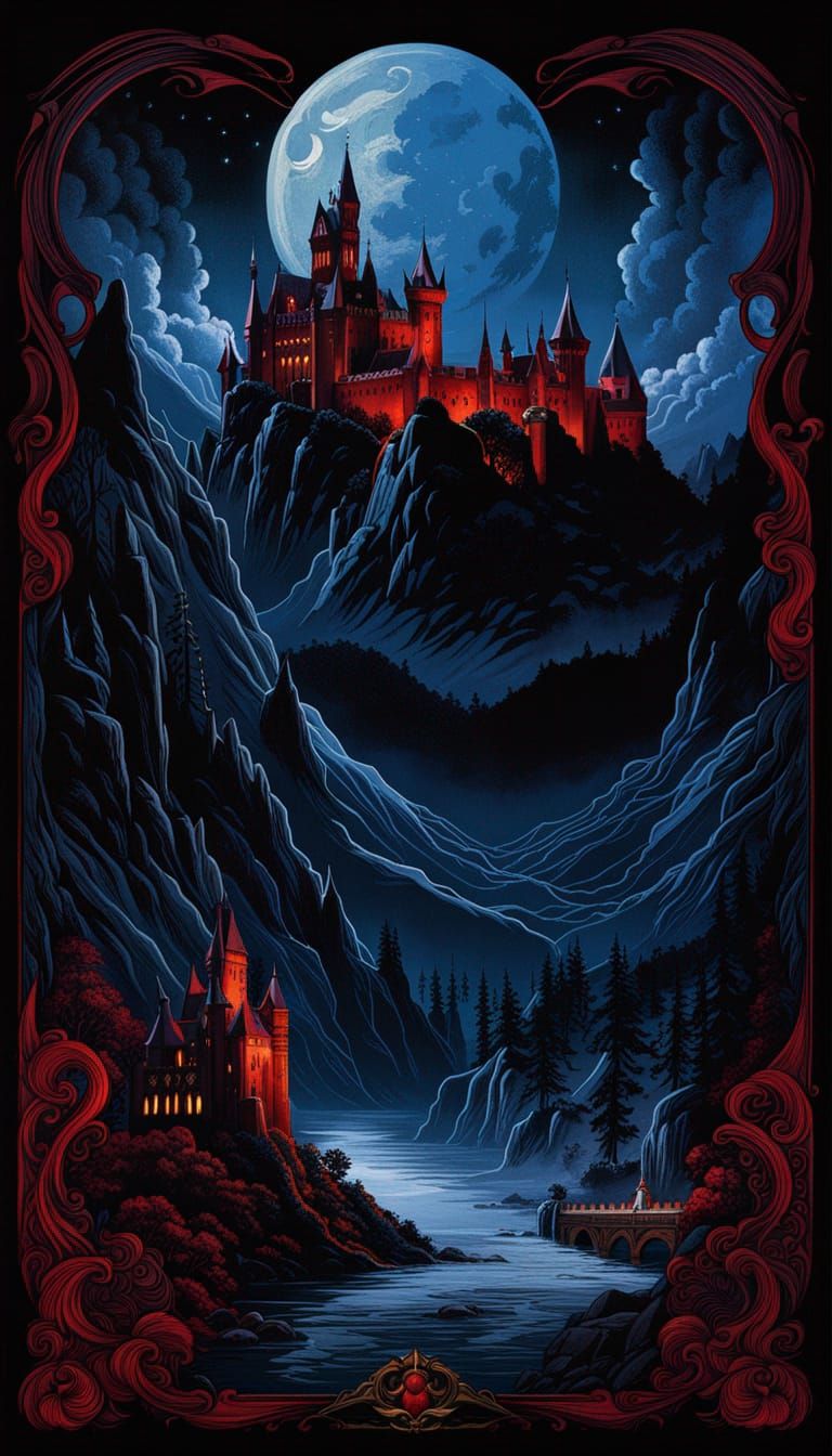 Dracula's Castle: A Retro Horror Art Nouveau Poster