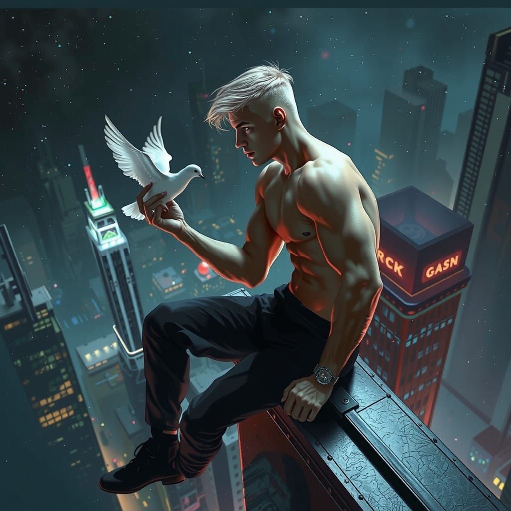 Roy Batty Sits in Futuristic City, Holding Dove