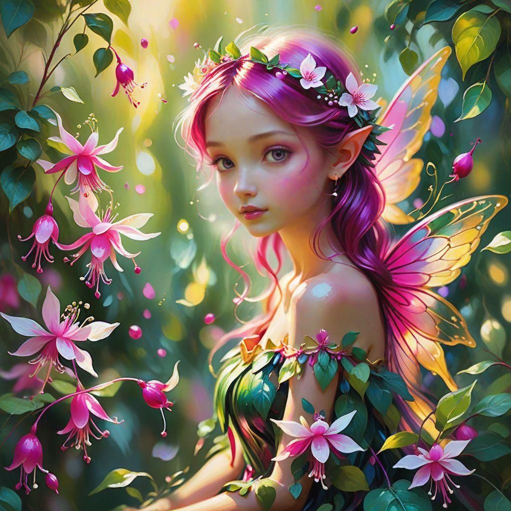 Fuchsia Fairy Dances Amid Blooming Flowers