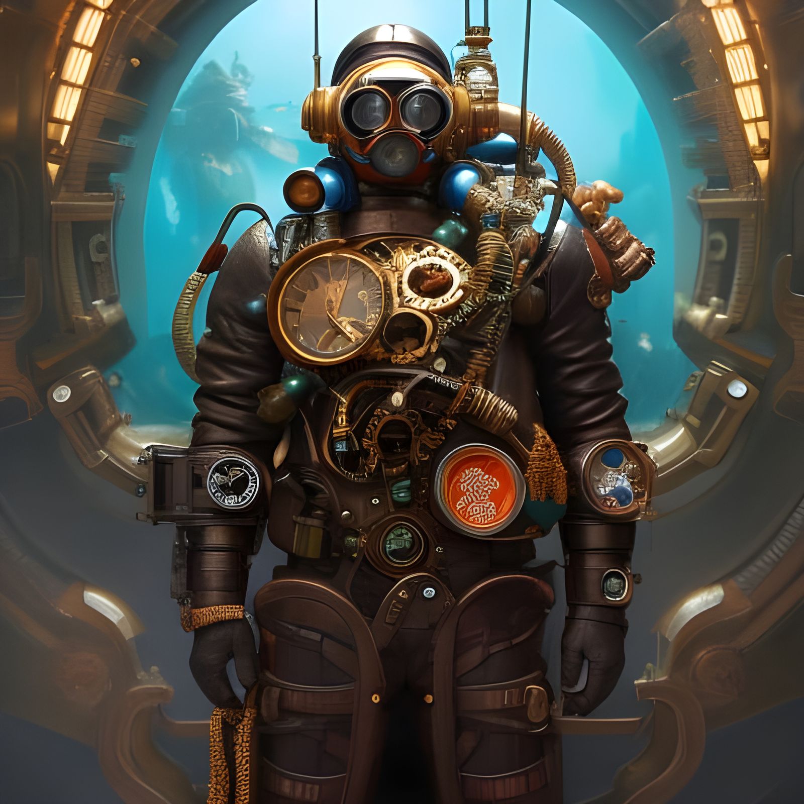 Steampunk Diver in Elaborate Mechanical Suit