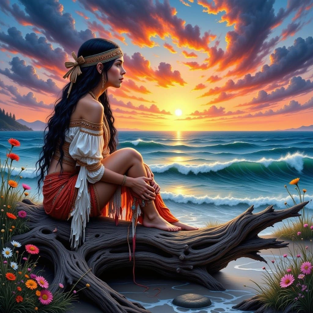 Native American Woman Gazing at Dusk Ocean: Folk Art