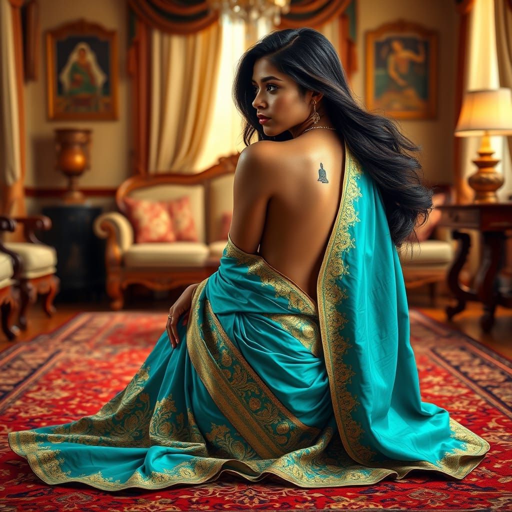 Caribbean Woman in Turquoise Sari with Gold Embroidery