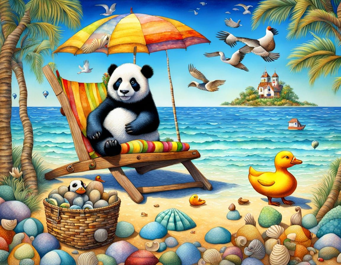 Happy Beach Holidays Panda in Vibrant Aquarelle Style