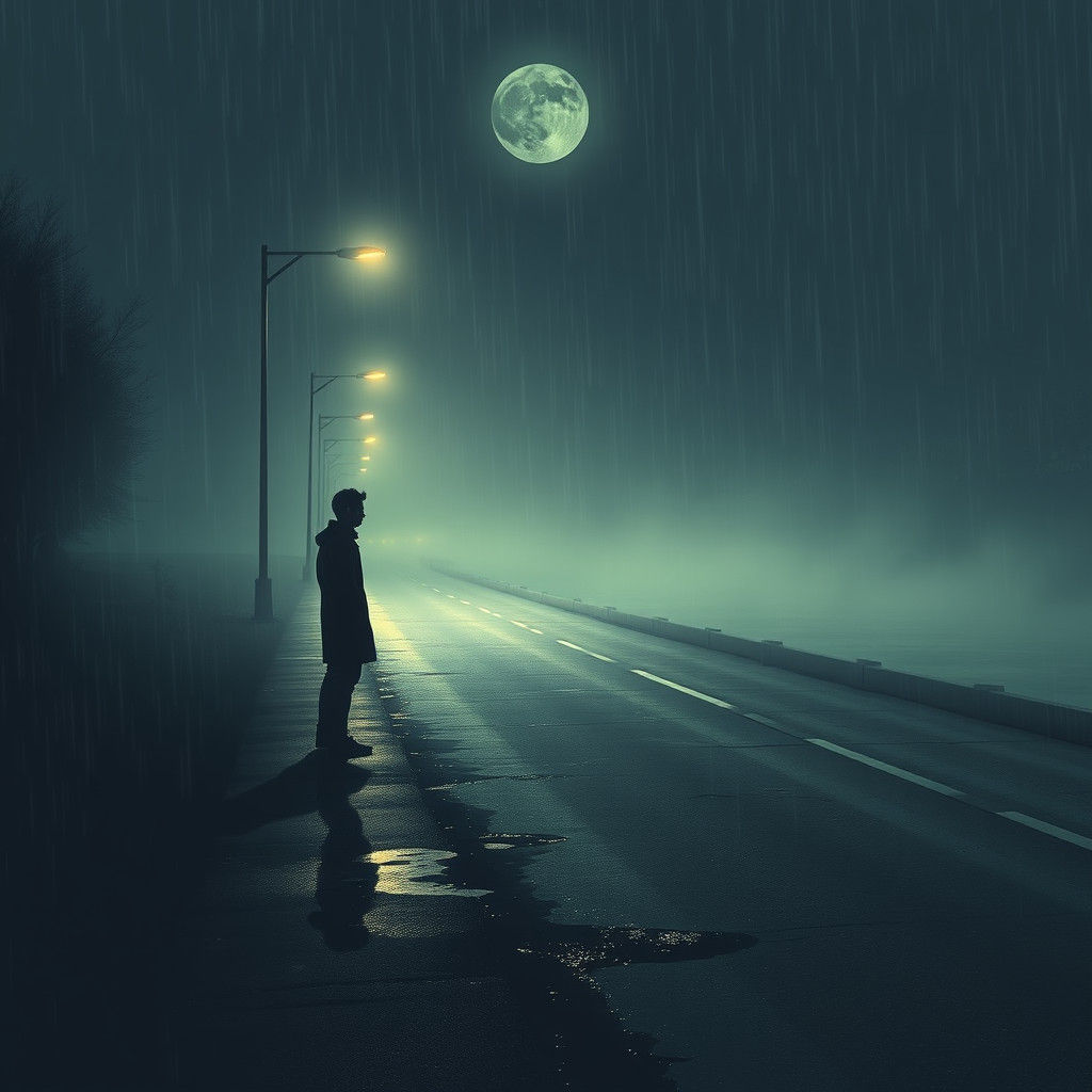 Moonlit Road with Figure Watching Shadow Fade