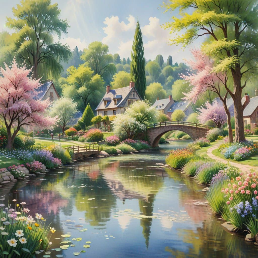 Serene Spring Village in Watercolor Impressionist Style