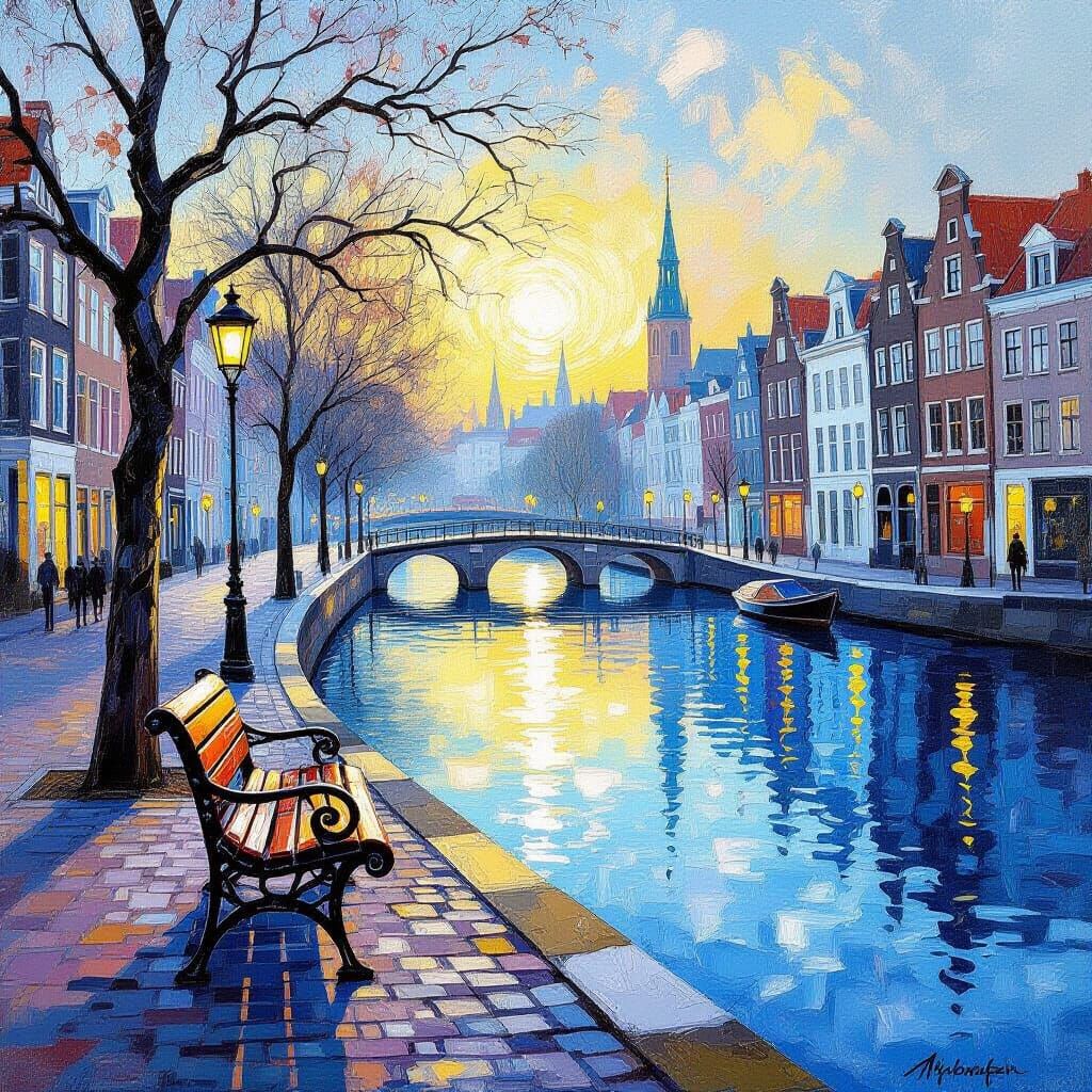 Impressionistic Bench Beside a Blue River