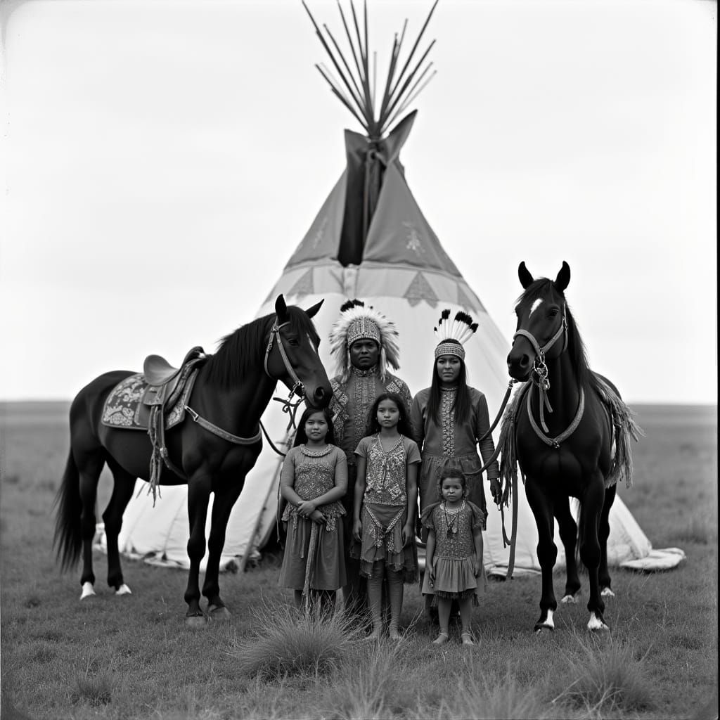Native American Family Stands Proud in Traditional Warrior's...
