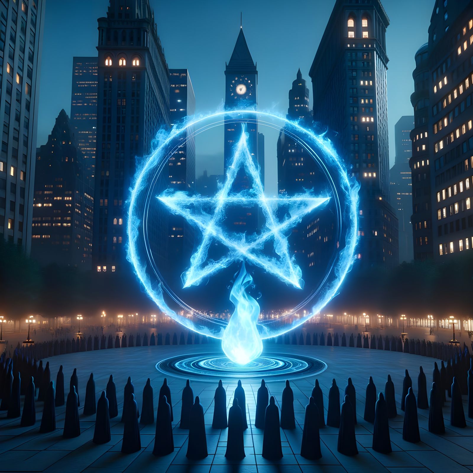 Glowing Blue Flame Star Hovering Over City Park