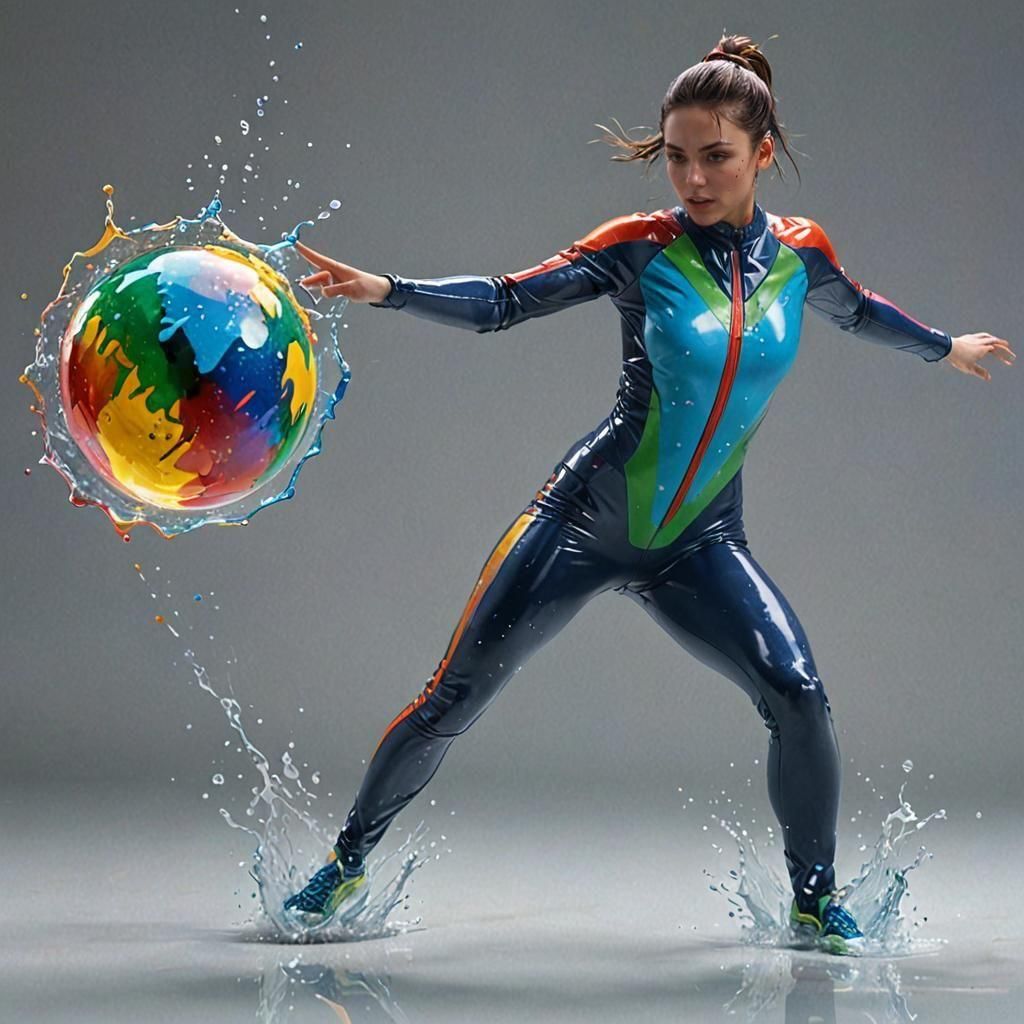 Rainbow Waterball Splashes Heroine: Detailed Oil Painting