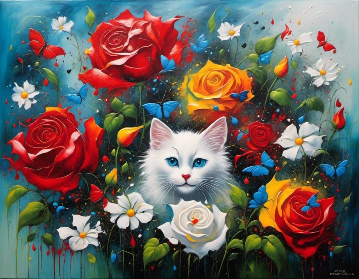 Kitten Surrounded by Roses in Enchanting Garden Style