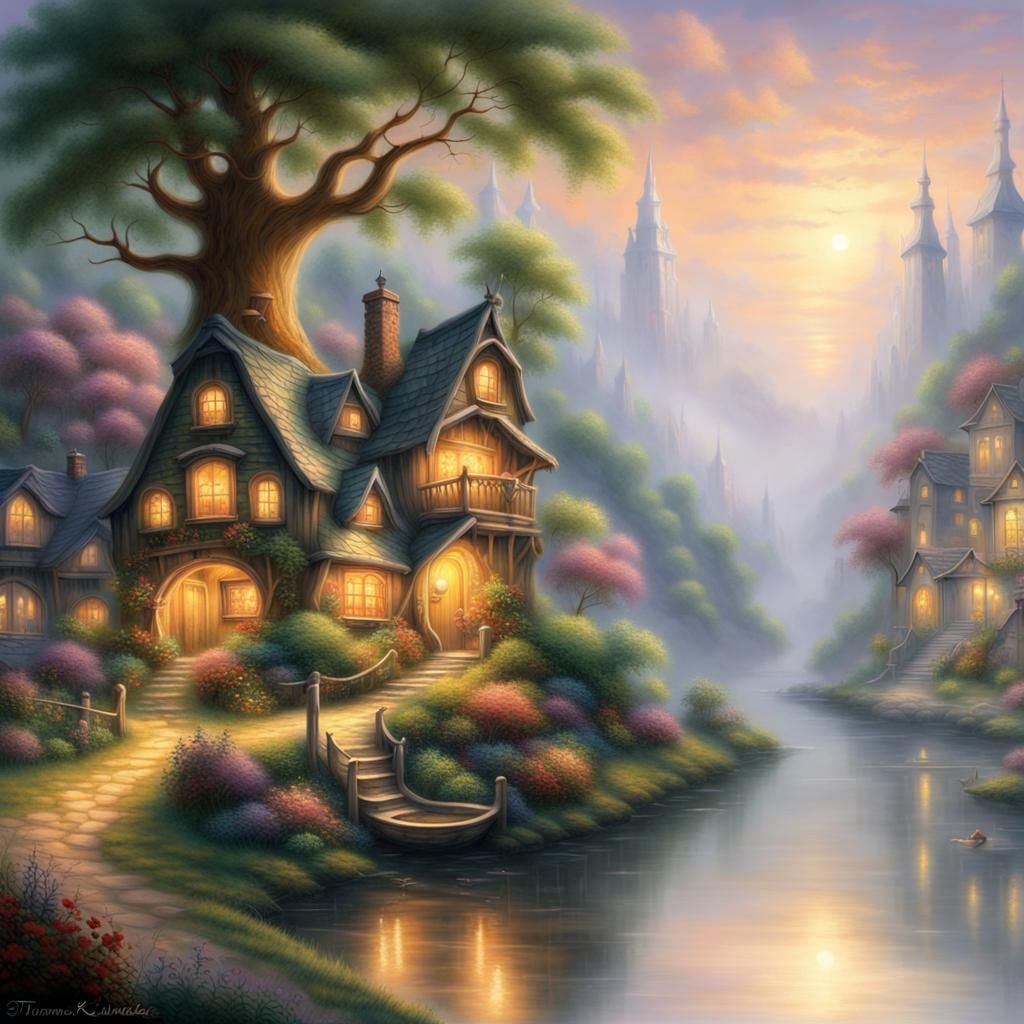 Ethereal Lakeside Treehouse Village in Luminist Style