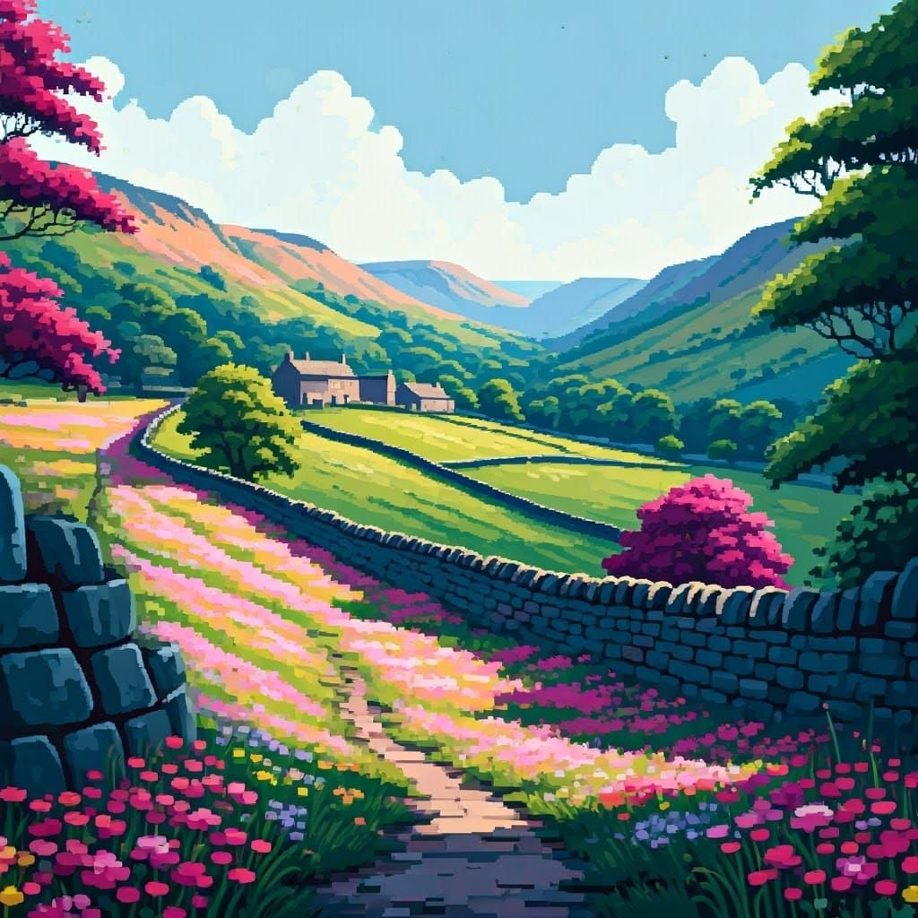Vibrant Pixel Art: Yorkshire Countryside in Retro 2D