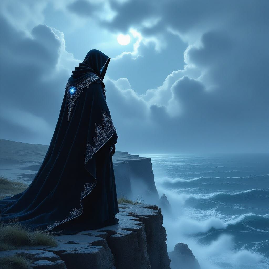 Dark Aristocrat on Cliff Overlooking Stormy Sea