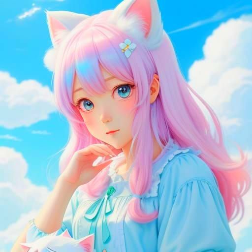 Cute Anime Girl on Clouds with Cat in Pastel Colors