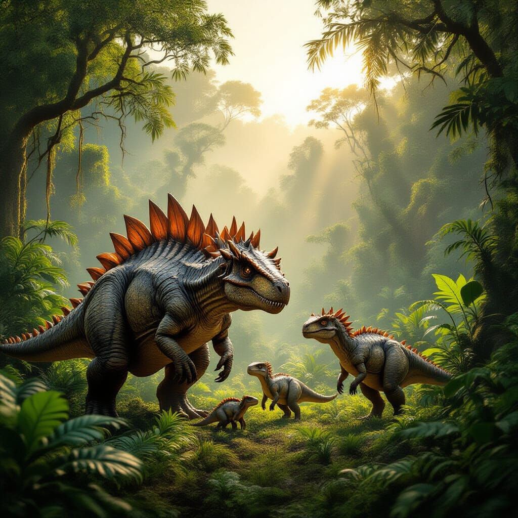 Jurassic Rainforest: Armored Dinosaur Protecting Its Young