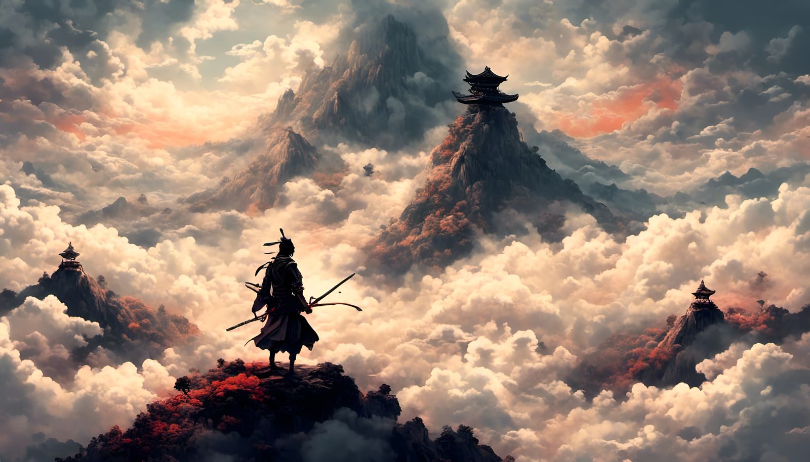 Samurai Silhouette on Volcano Above Clouds
