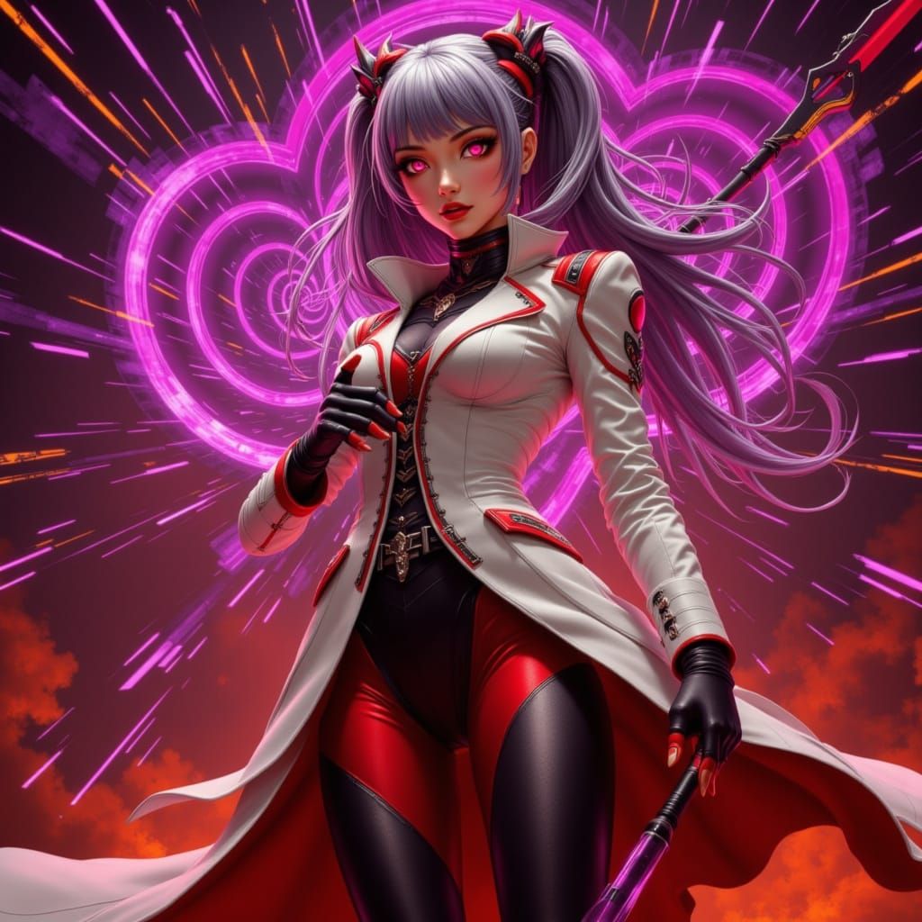 Glowing Female Warrior in Vibrant Purple Fire Scene