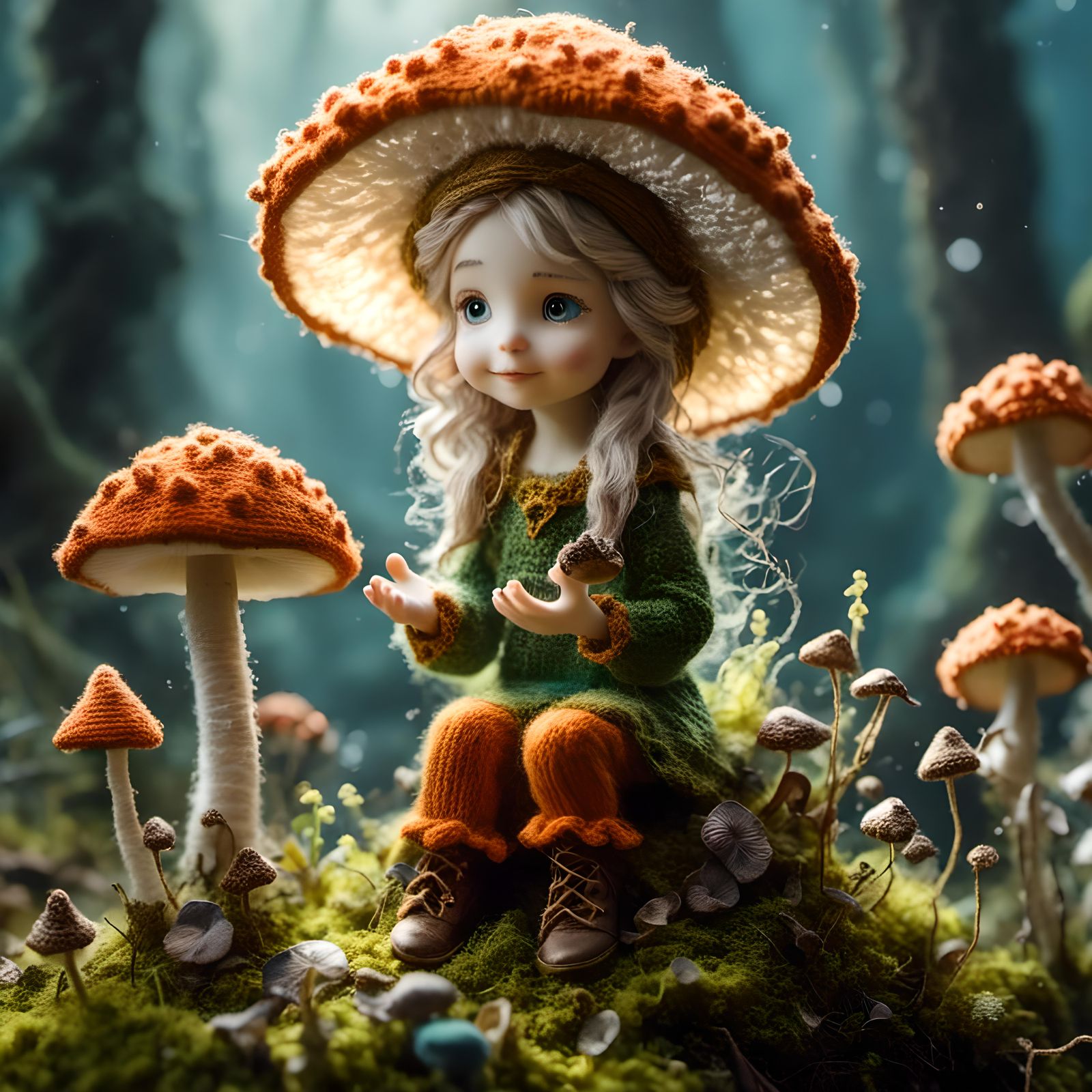 Adorable Fairy Touching Mushroom in Crochet Style
