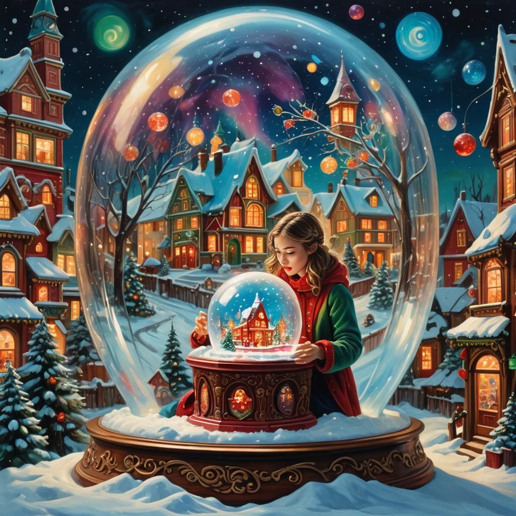 Snowglobe Woman with Glowing Box, in Pop Art