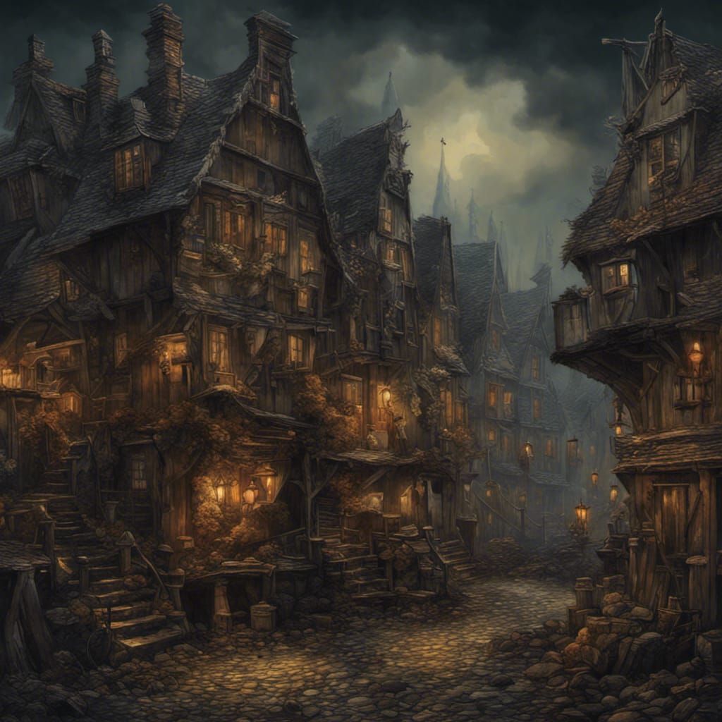 Belgian Miners Village Oil Painting in Dark Colors