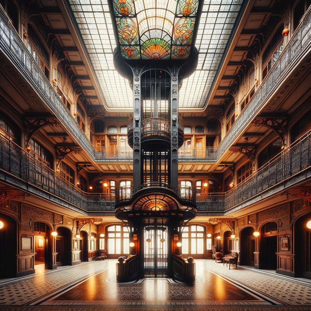 Art Nouveau Hotel Hall with Antique Elevator