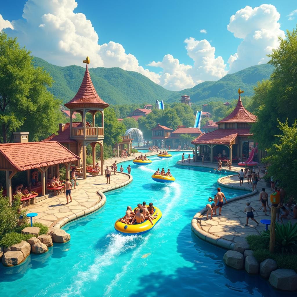 Lively Waterpark Bird's Eye View in Fantasy Style