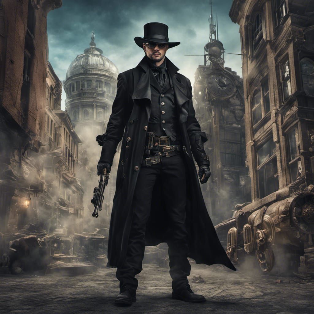 Steampunk Gunslinger with Glowing Eye in Cityscape