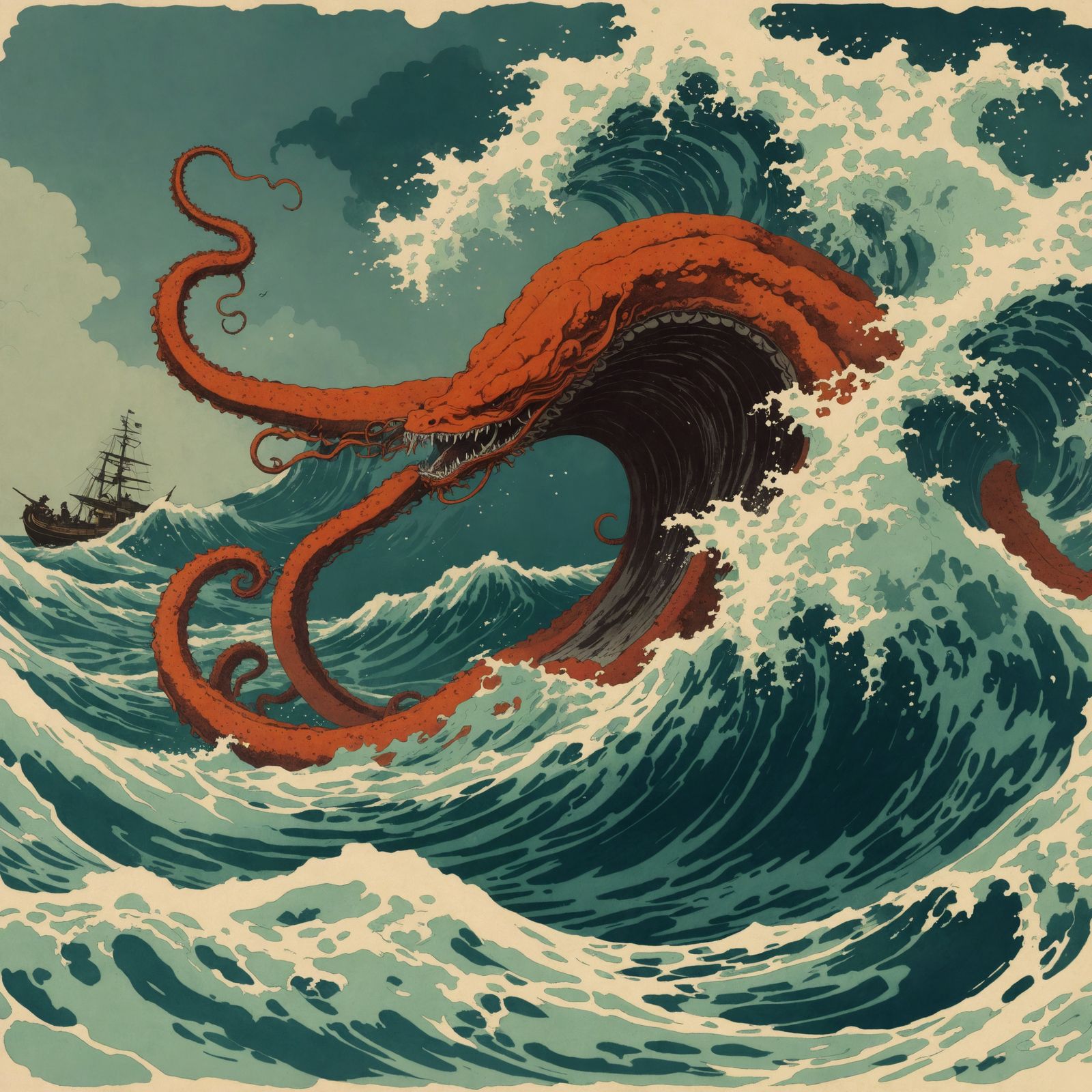 Epic Leviathan Emerges in Ukiyo-e Woodblock Print