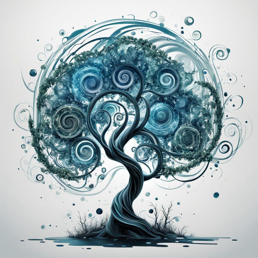 Enchanted Tree of Whirling Liquid Spirals in a Dreamlike, Su...