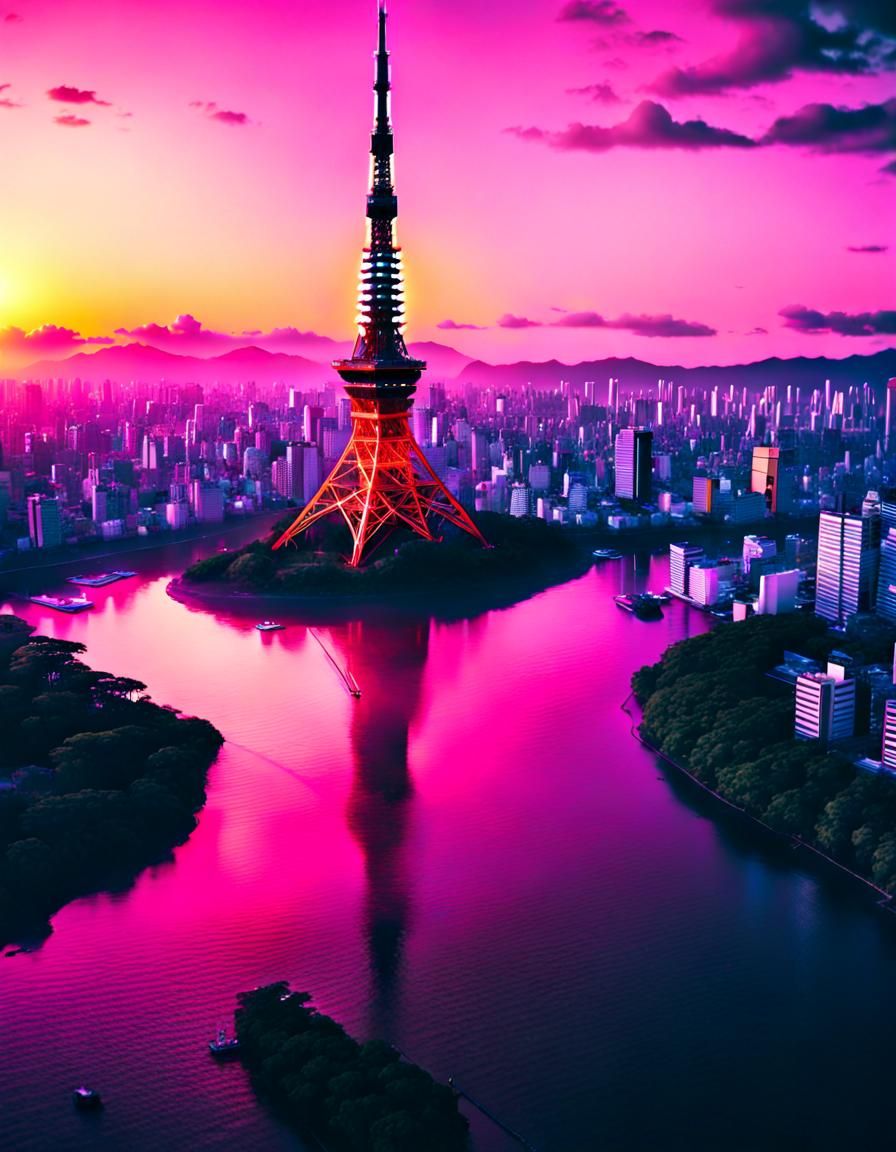 Vaporwave Tokyo Tower on Tropical Island Evening