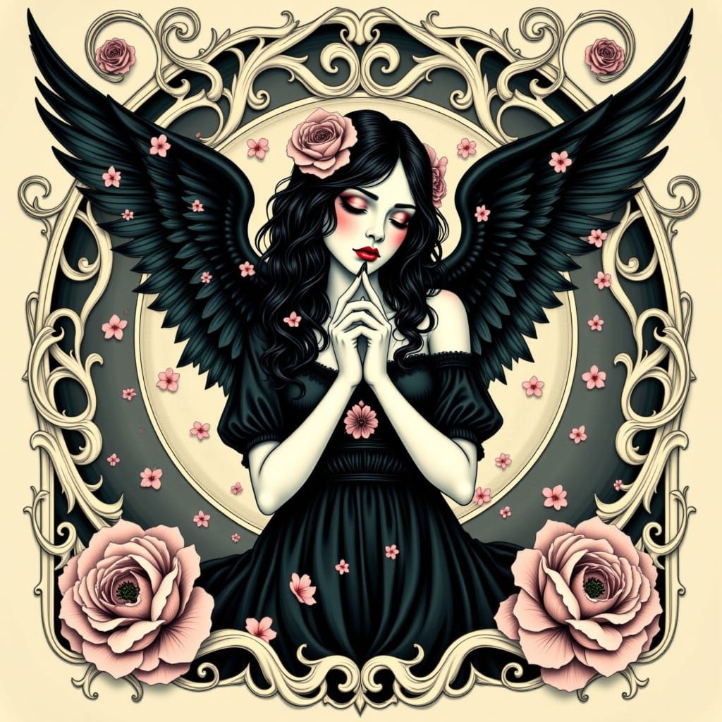 Ethereal Gothic Angel Lost in Whimsical Cherry Blossom Dream...