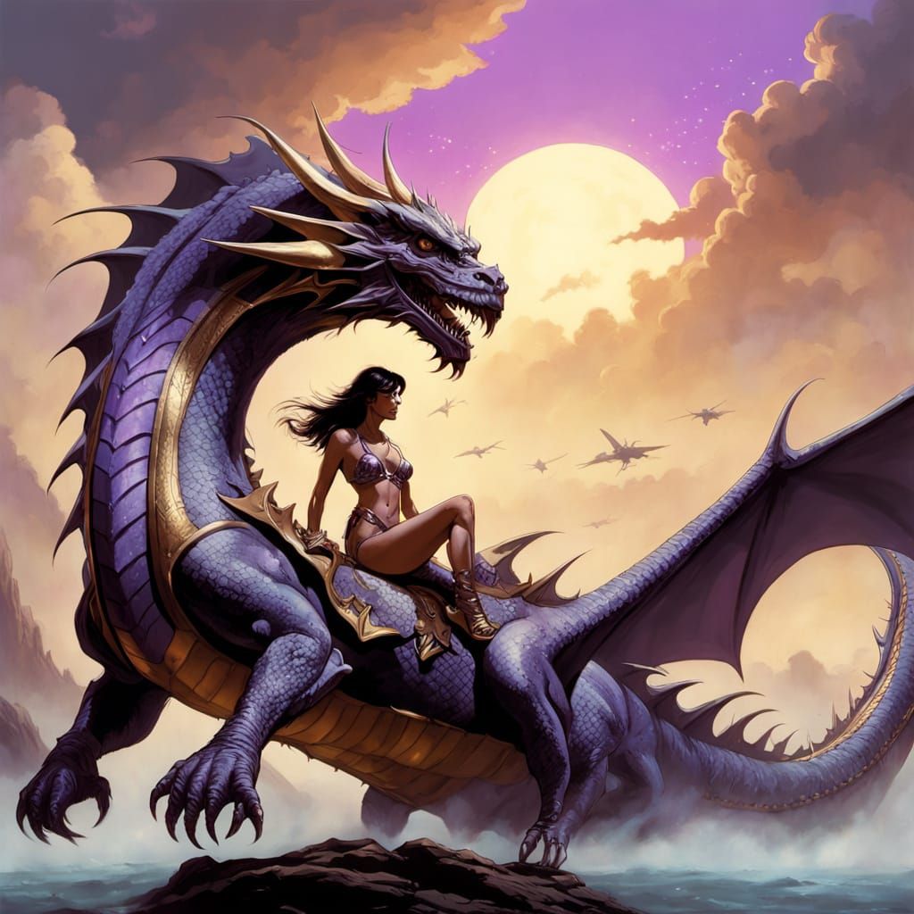Ethereal Dragon Rider in Purple and Gold