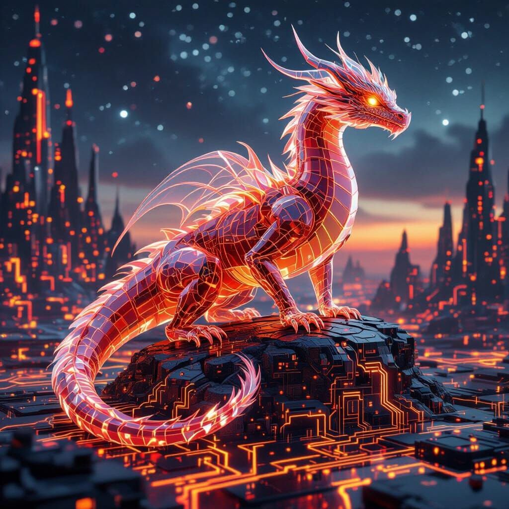 Ruby Crystal Dragon on Futuristic Electronic World
