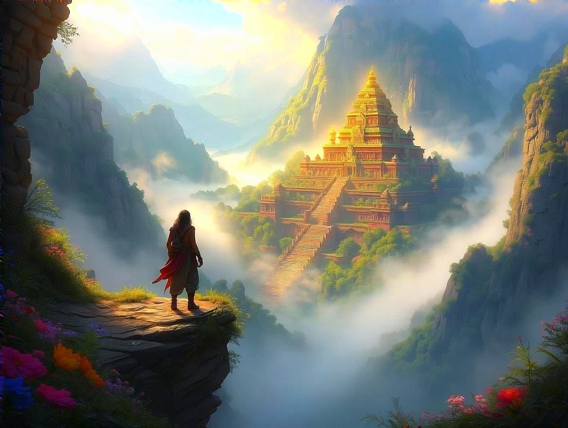 Adventurer Gazing at Ancient City in Hidden Valley