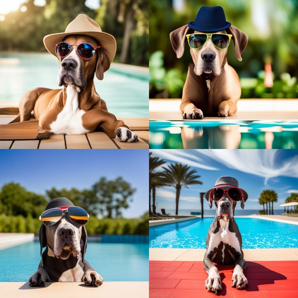 Great Dane Relaxing Poolside in Hat and Sunglasses