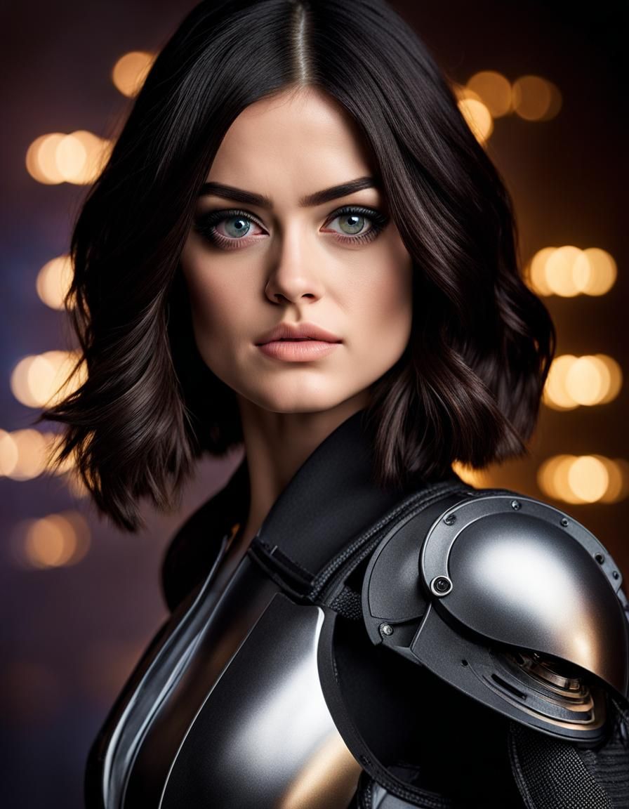 Portrait of Lucy Hale as Alita Battle Angel, large wide-open eyes, biggest eyes, perfectly formed iris